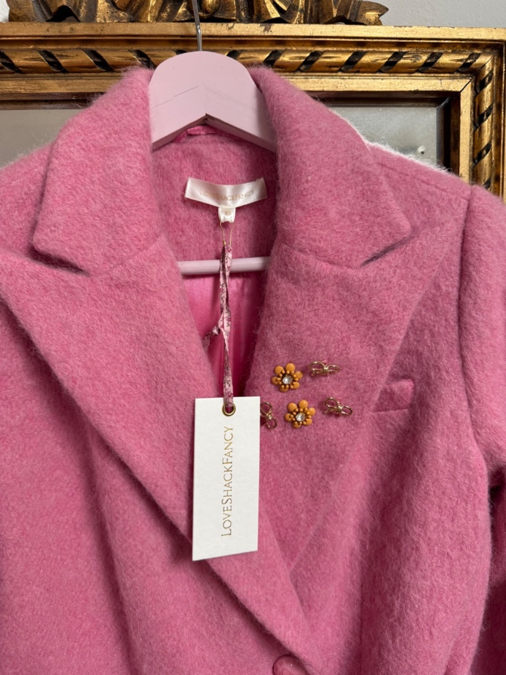 NWT LoveShackFancy Floret Wool Double Breasted Long Trench Coat Pink XS Bow - Picture 8 of 16
